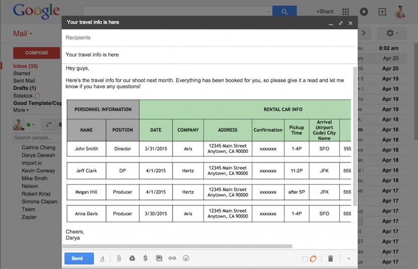 Communicate Production Travel by Pasting between Google Sheets into Gmail