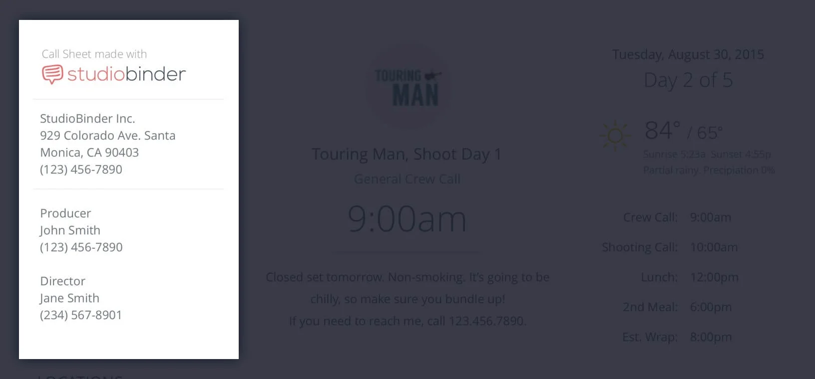 Callsheet Template Anatomy - Production Company and VIP Contacts - StudioBinder