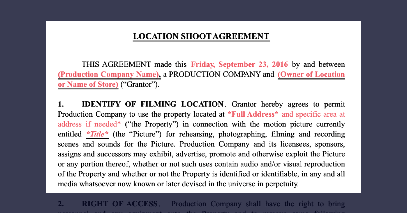 1 - Film Location Release Form Excerpt - Identity of Filming Locations 1 - Film Location Release Form Excerpt - Identity of Filming Locations