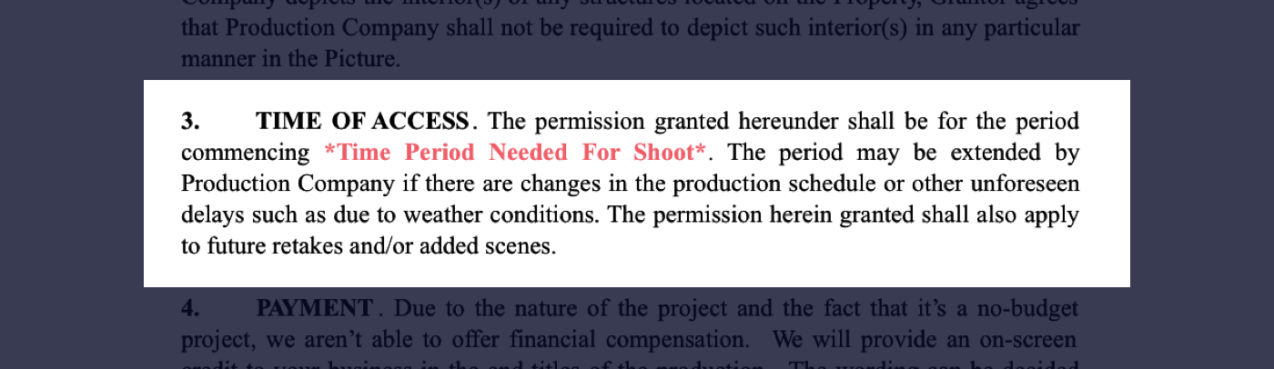 3 - Film Location Release Form Excerpt - Time of Access 3 - Film Location Release Form Excerpt - Time of Access