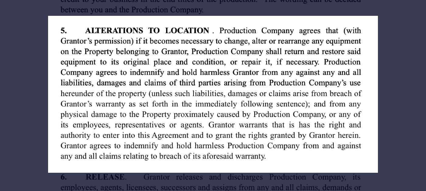 5 - Film Location Release Form Excerpt - Alterations to Filming Location 5 - Film Location Release Form Excerpt - Alterations to Filming Location