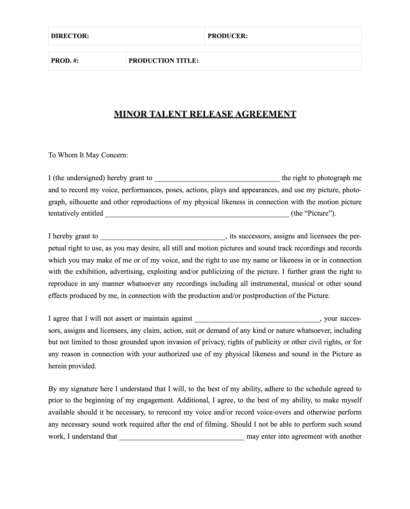 Actor Release Form for Minors - Front - StudioBinder