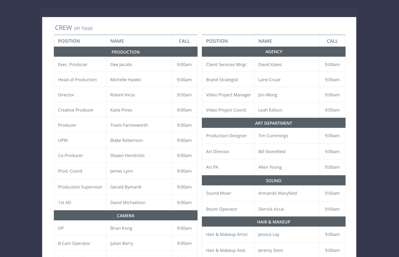 Create a Better Call Sheet with Free Call Sheet Template - Crew List - StudioBinder