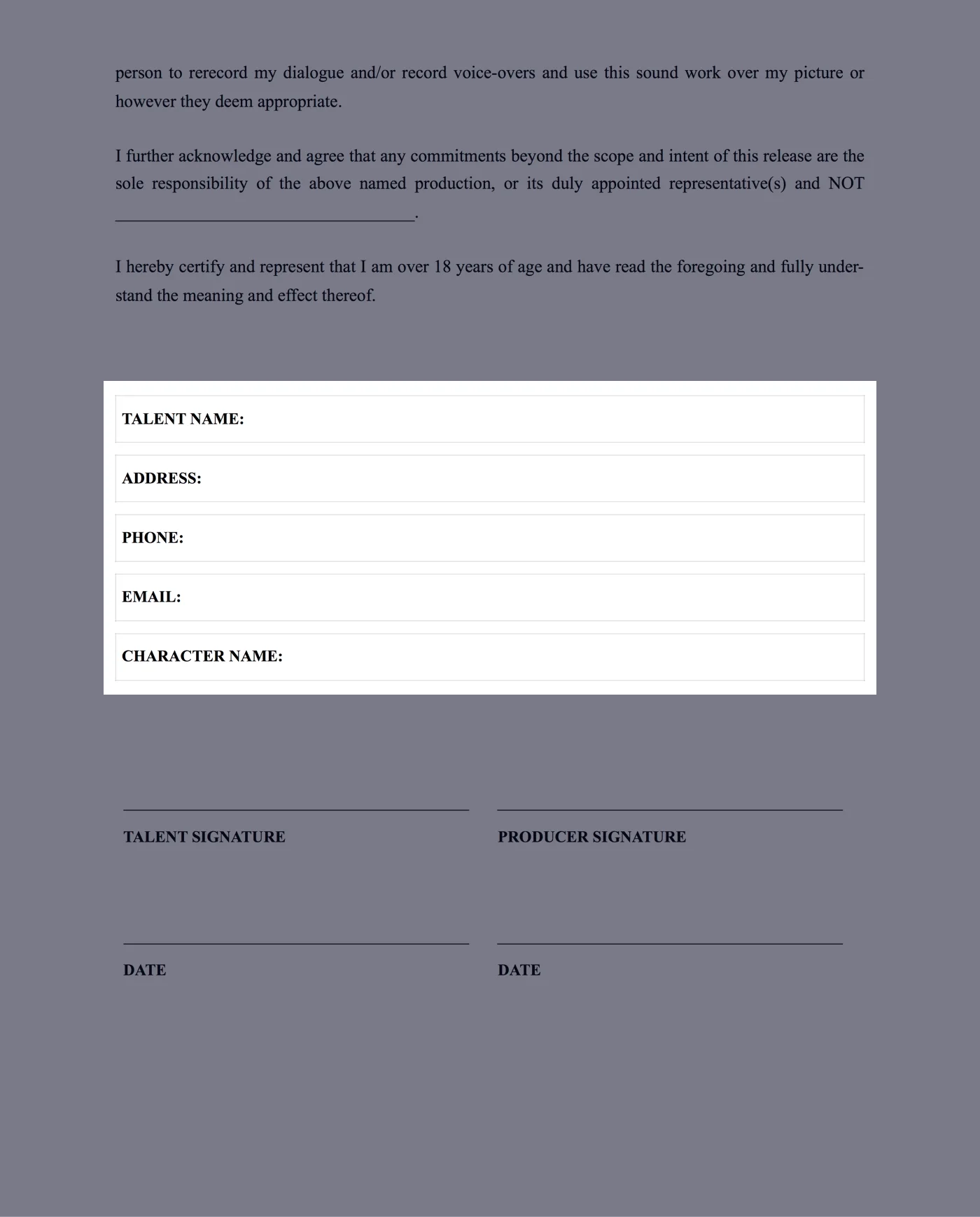 Film Actor Release Form Template - Fill in Variable Fields - StudioBinder