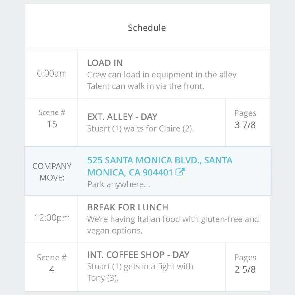 StudioBinder Film Production Apps - Add Shooting Schedule to Call Sheet