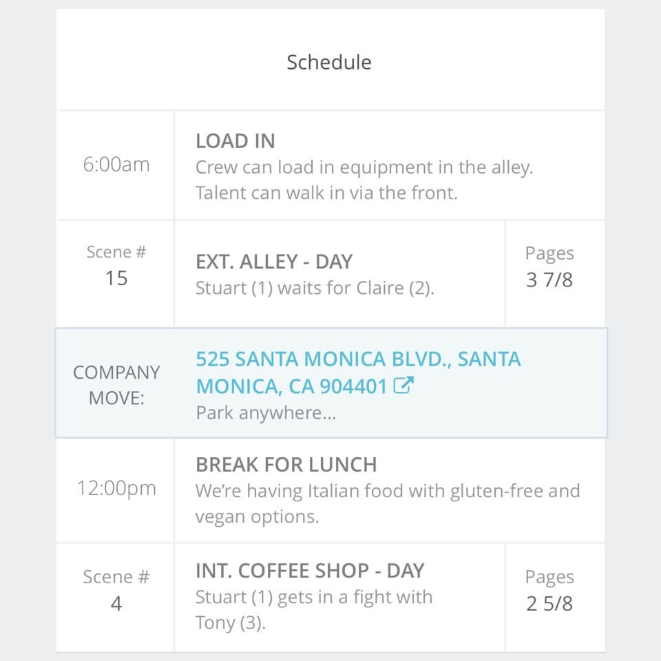 StudioBinder Call Sheet App - Add Shooting Schedule to Call Sheet - Video TV and Film Production Management Software