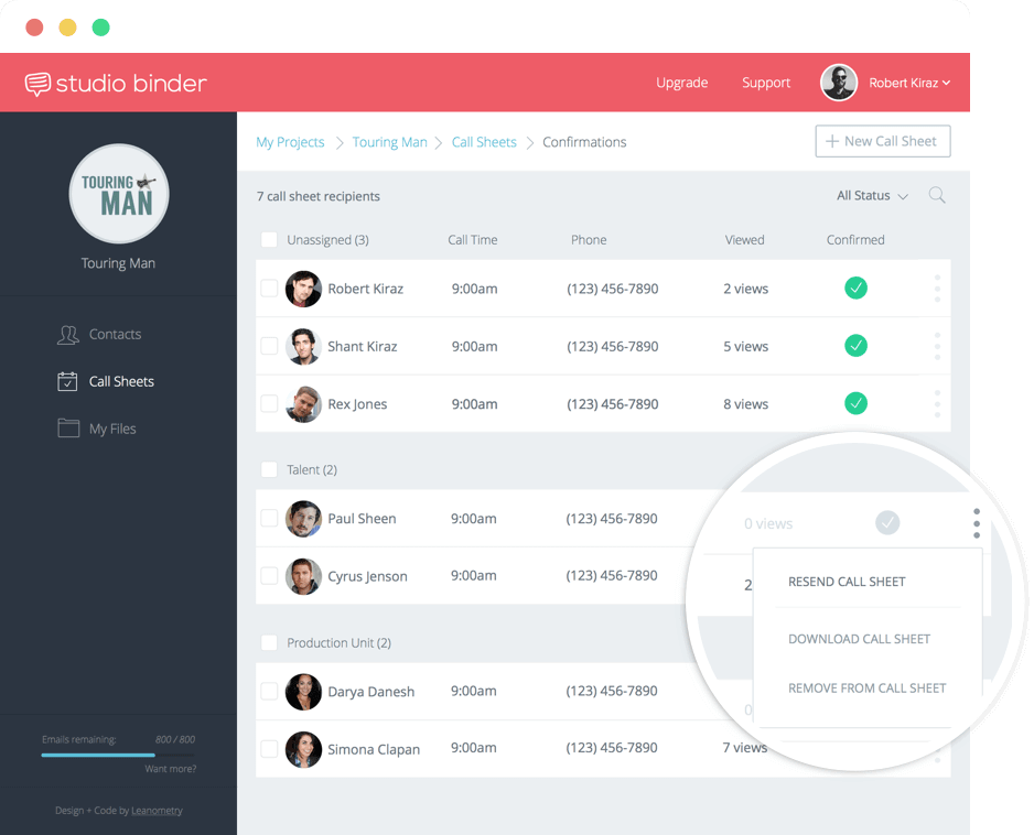 StudioBinder Call Sheet App - View Call Sheet Confirmations and Views - Video TV and Film Production Management Software