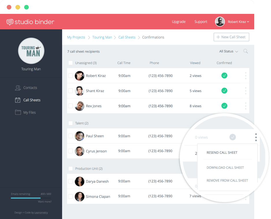 StudioBinder Production Call Sheet Template - View Call Sheet Confirmations and Views - Video TV and Film Production Management Software