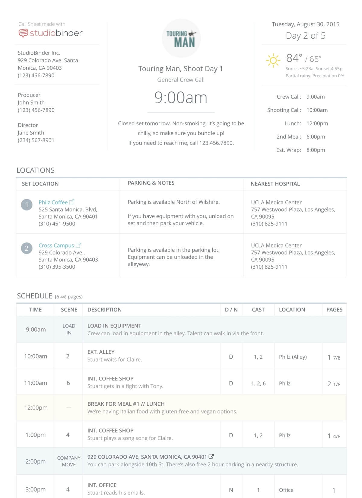 Studiobinder Online Call Sheet Templates For Film And Tv Production