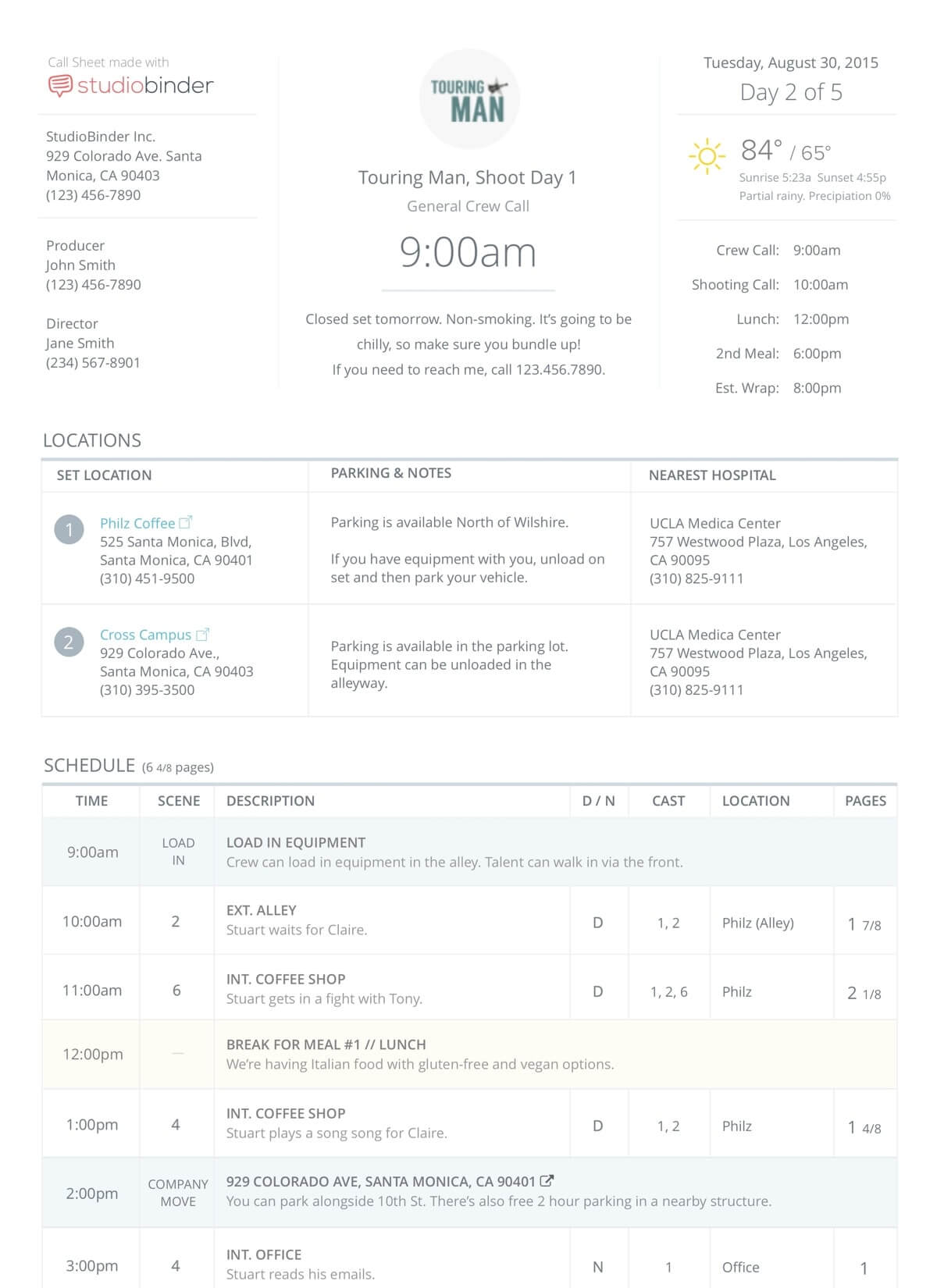 StudioBinder Online Call Sheet Templates For Film TV Production