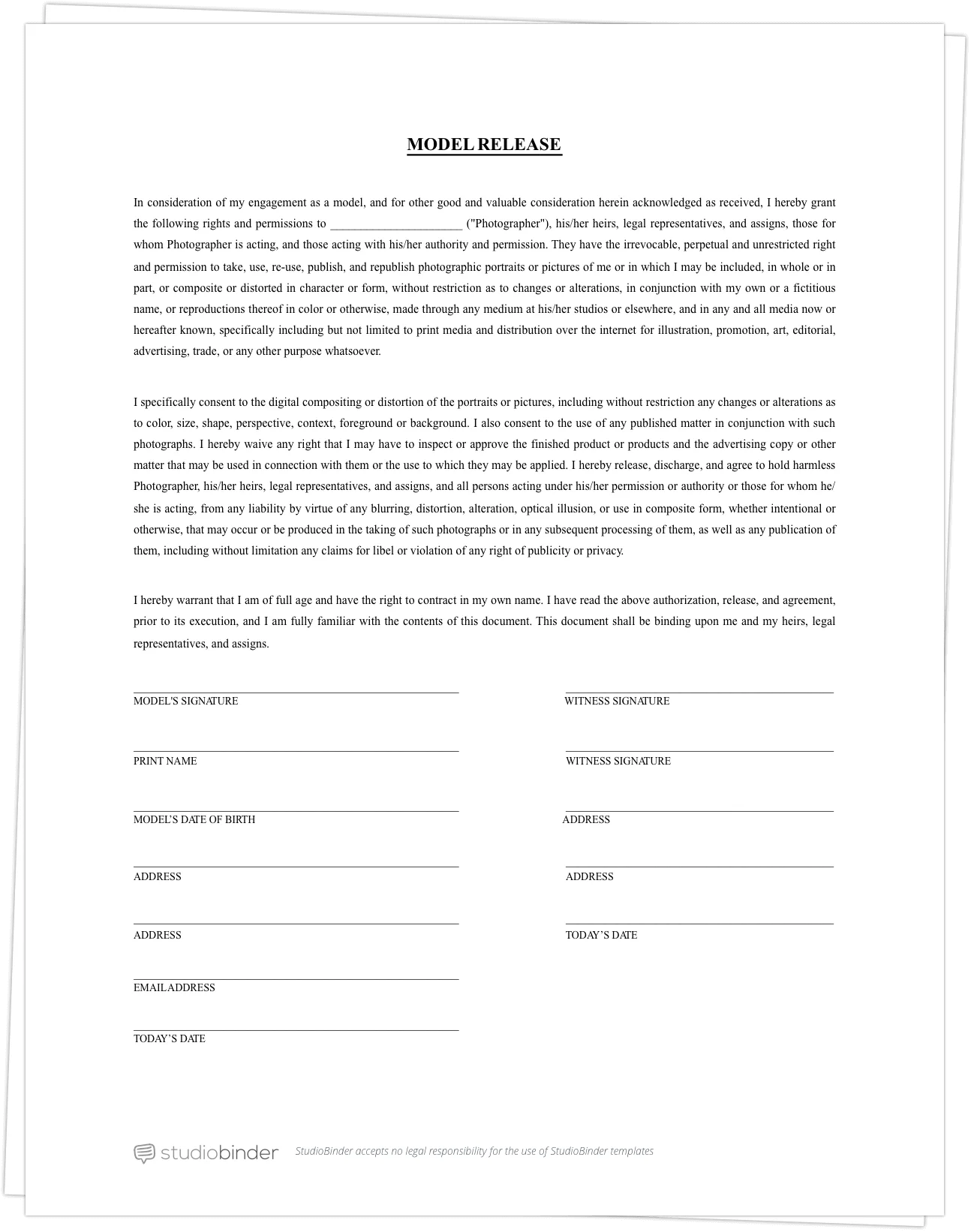 The Best Free Model Release Form Template for Photography Regarding Blank Legal Document Template