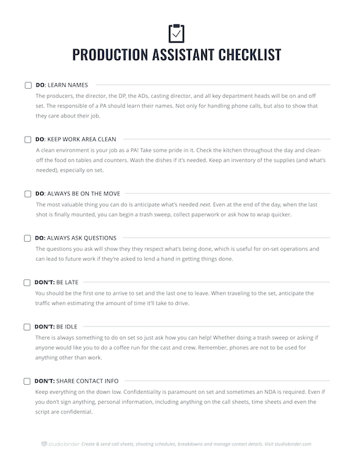 Production Assistant Checklist - Page 1 - StudioBinder - Small.