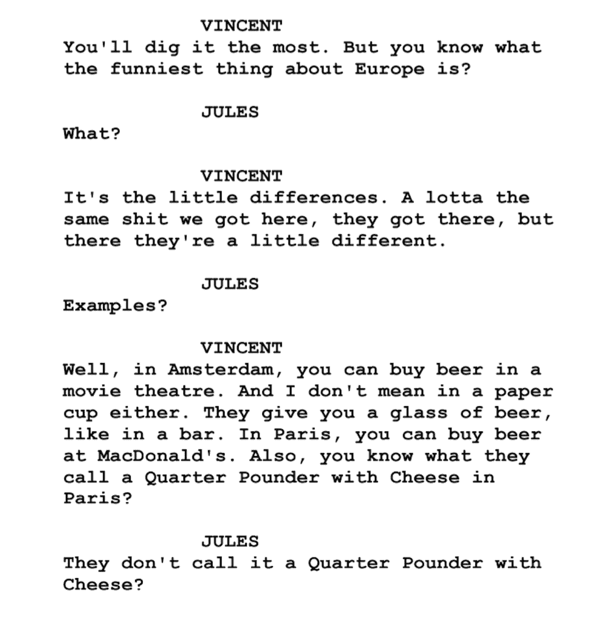 Screenplay Examples - Pulp Fiction Script - Screenplay Snippet 11 - Quarter Pounder with cheese