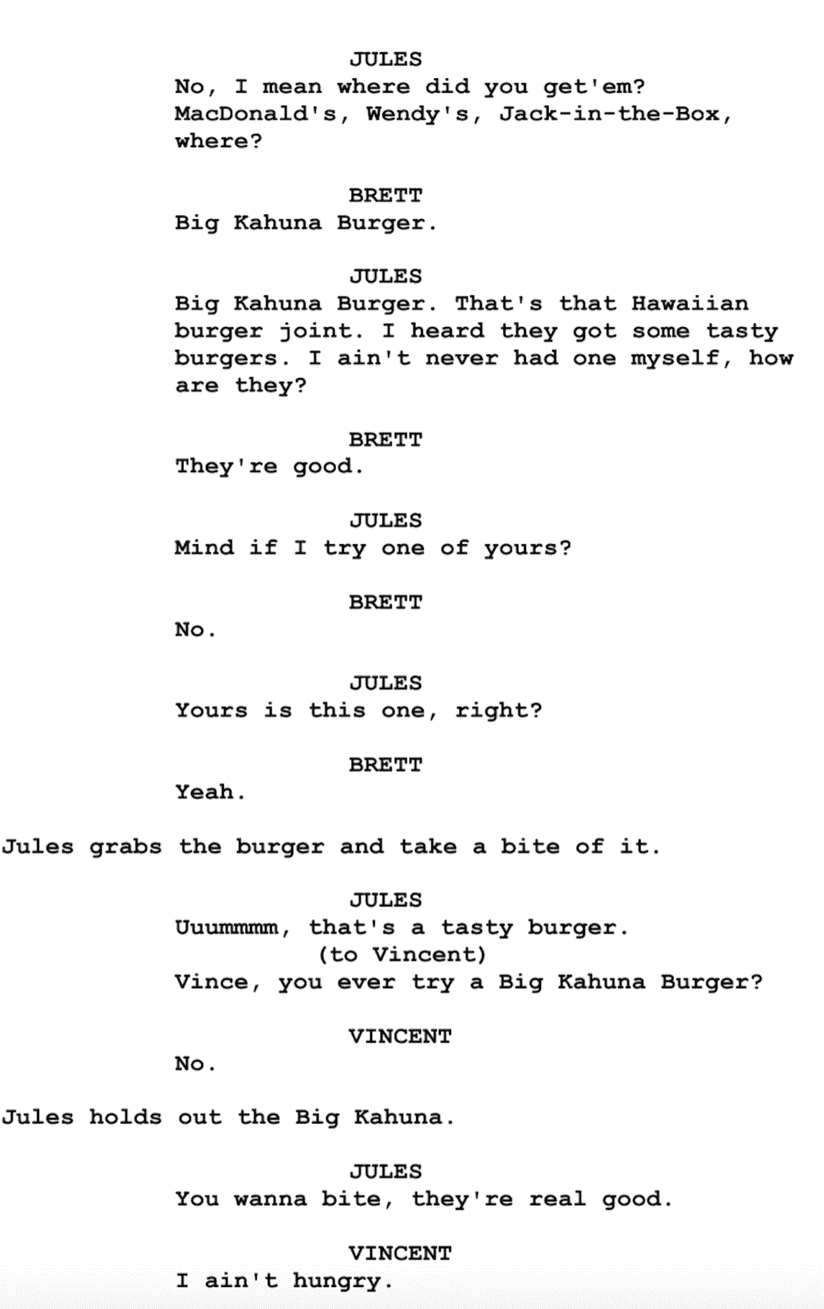Screenplay Examples - Pulp Fiction Script - Screenplay Snippet 13 - Big Kahuna Burger