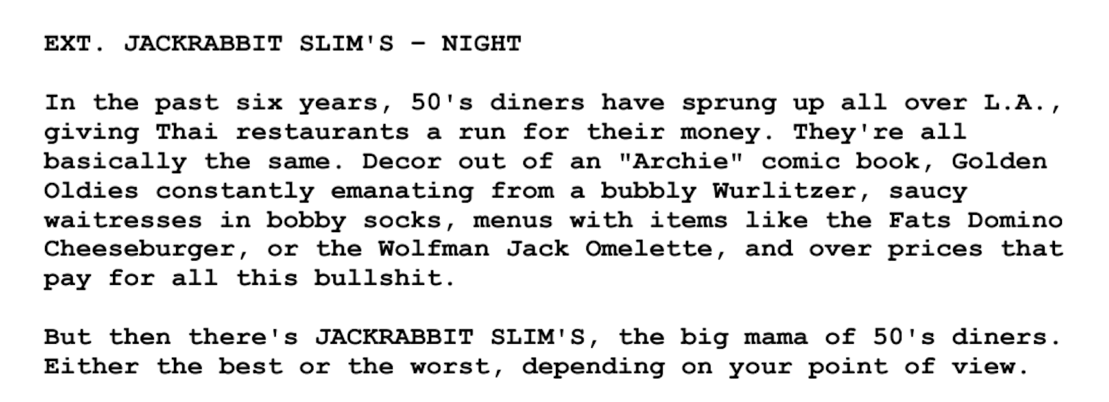 Screenplay Examples - Pulp Fiction Script - Screenplay Snippet 14 - Jackrabbit Slims