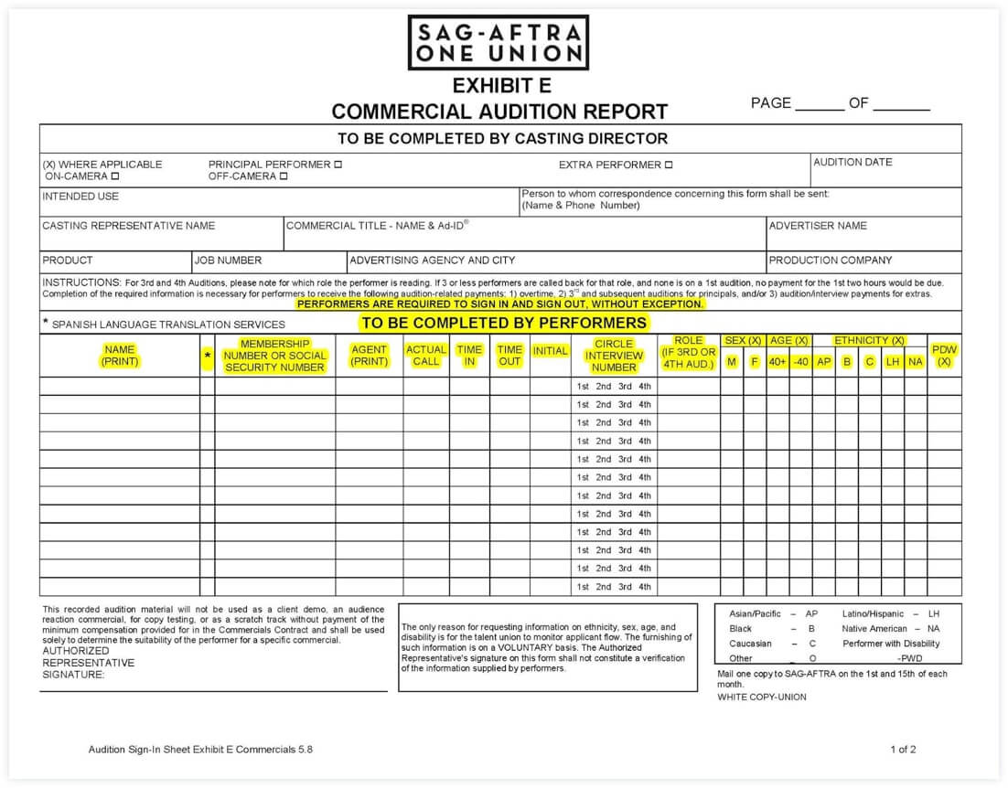 Sign In Sheet Template - Printable Sign In Sheet - Audition Form - Audition Form Template - StudioBinder