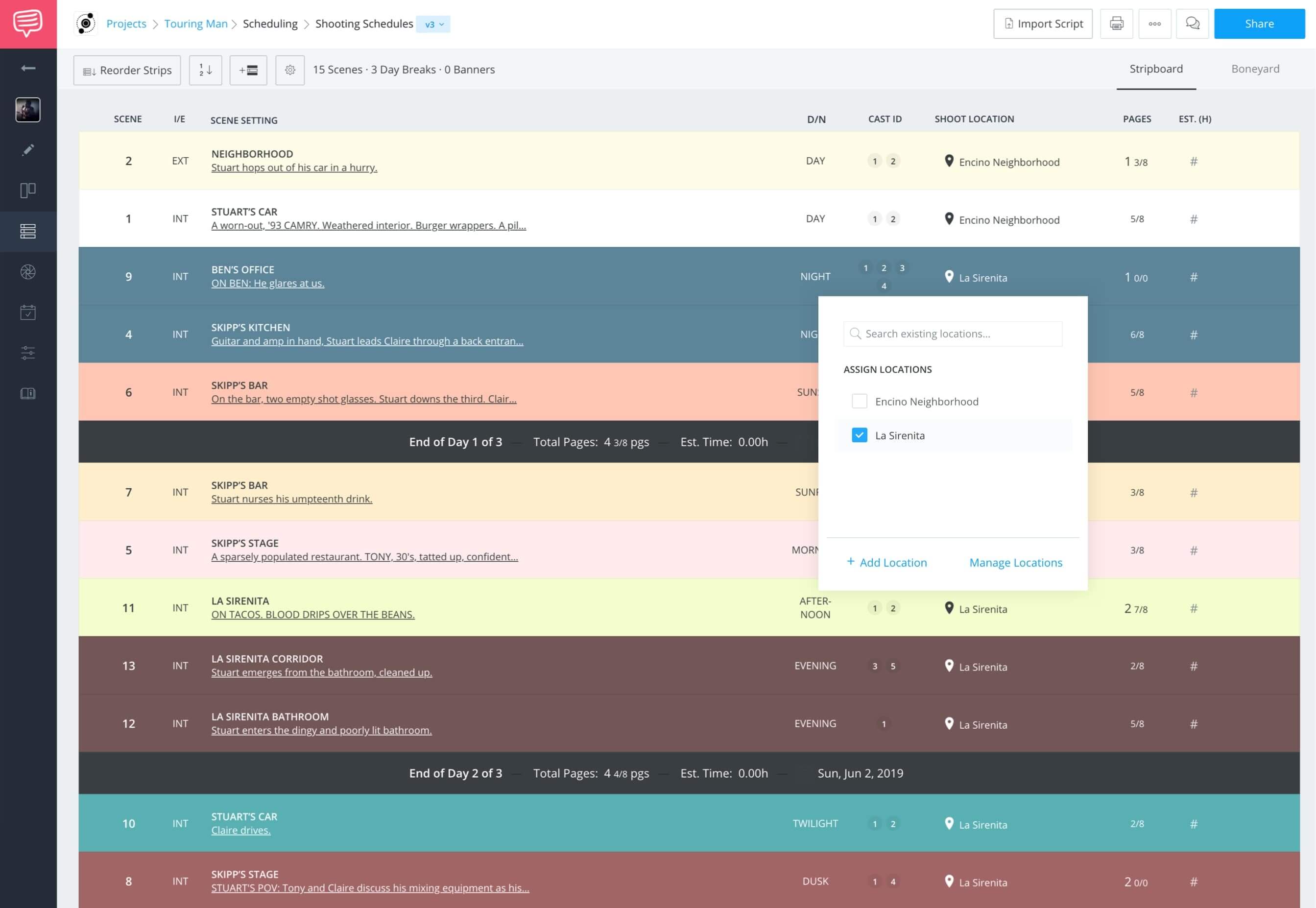 StudioBinder Free Shooting Schedule Software - Assign Film Location