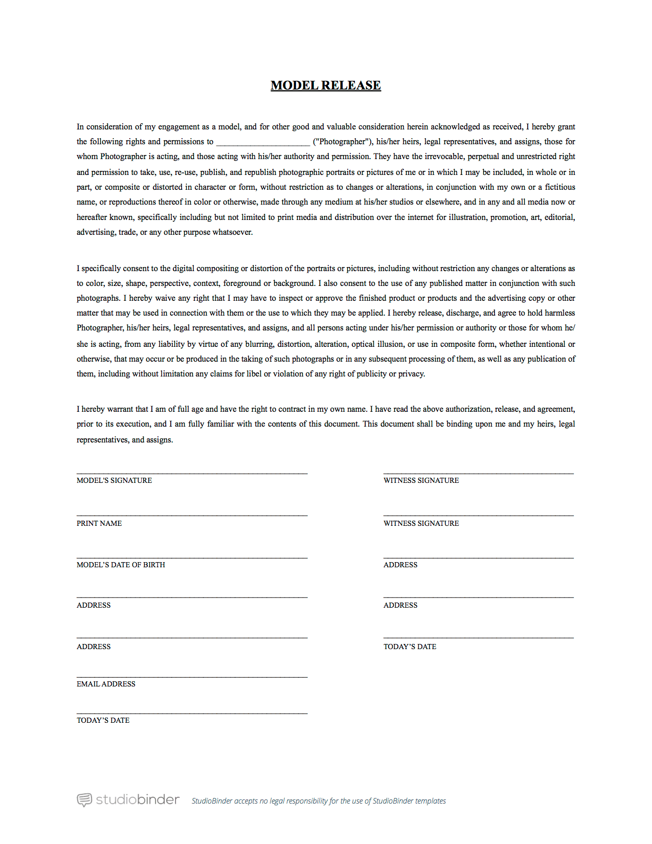 Model Release Form Template from s.studiobinder.com