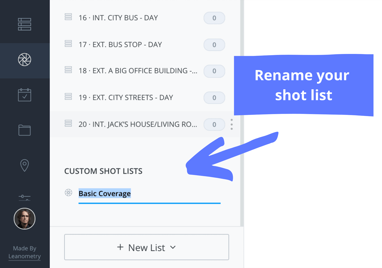 Film Coverage - Shot List Storyboard - Rename Shot List