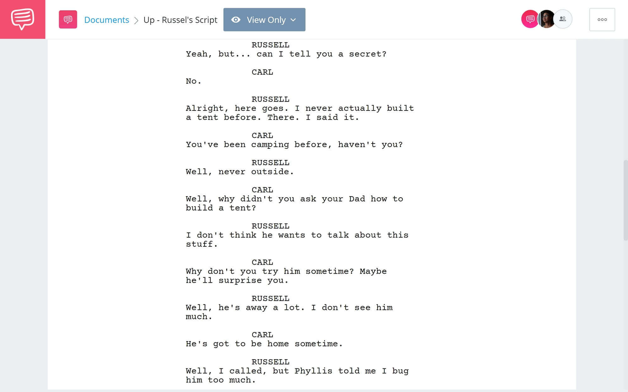 Up Movie Script Teardown - Russel's Secret - Studiobinder Scriptwriting Software