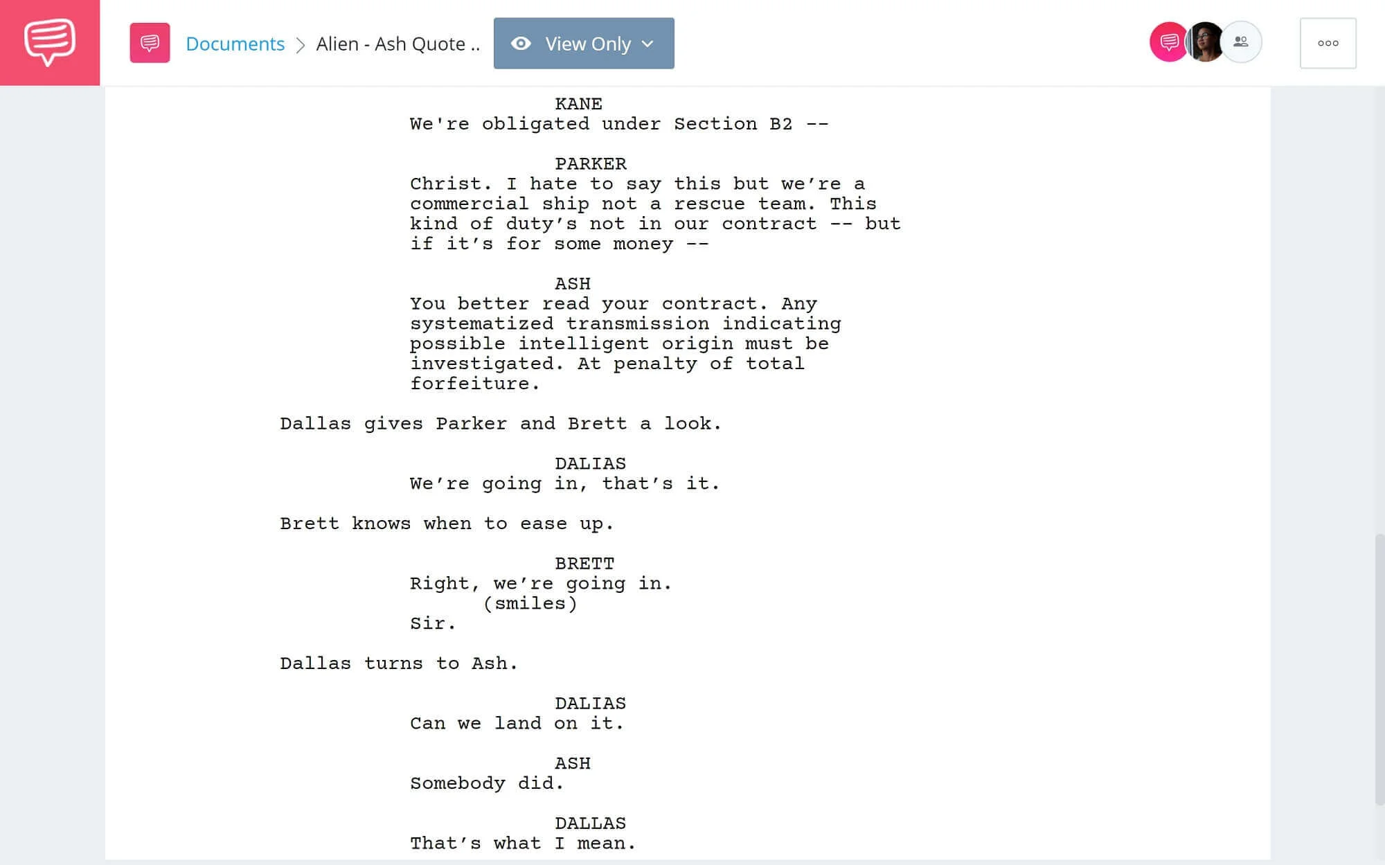 Alien Script Teardown - Ash Quote About Contract - StudioBinder Screenwriting Software