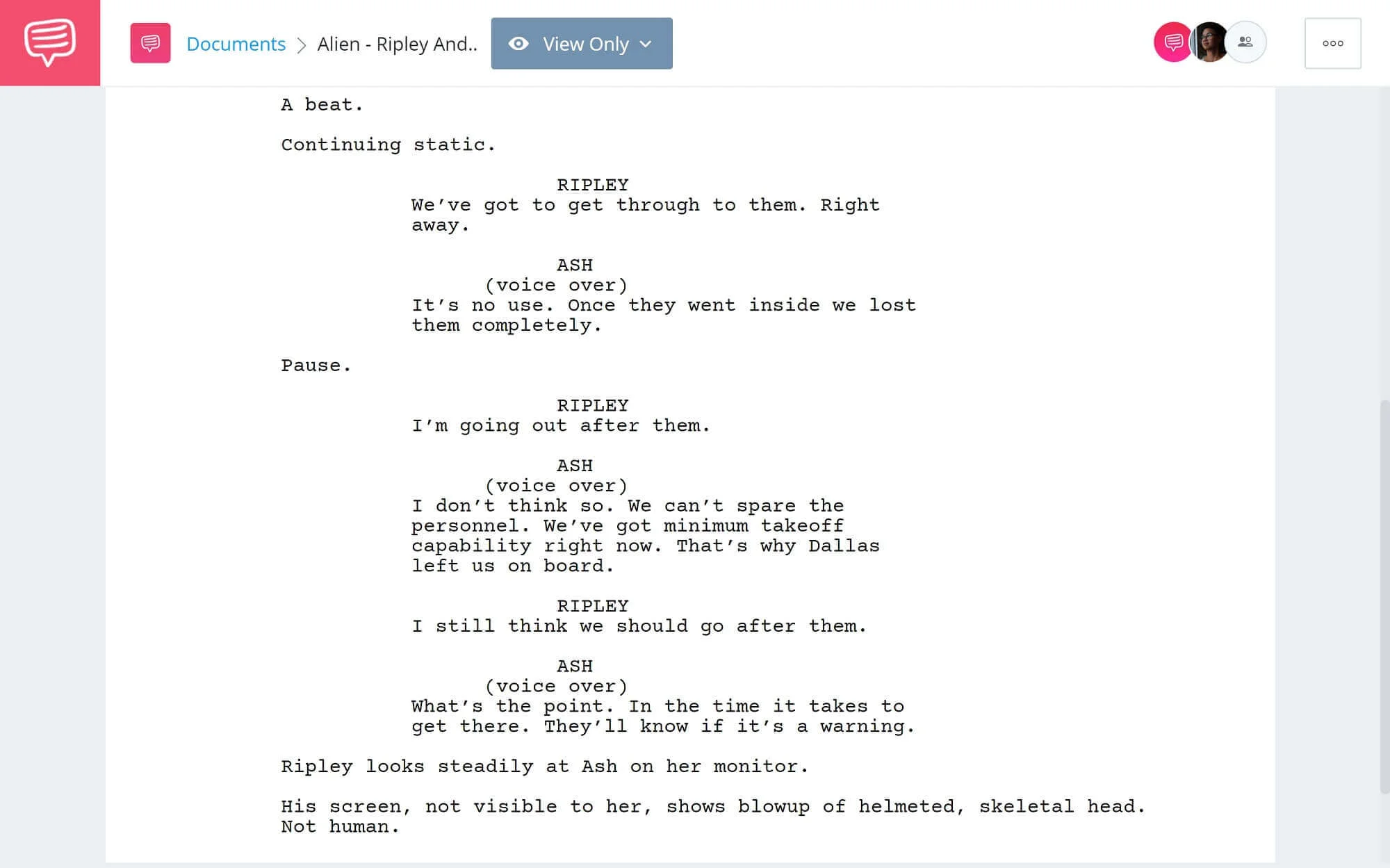 Alien Script Teardown - Ripley And Ash Argument - StudioBinder Screenwriting Software