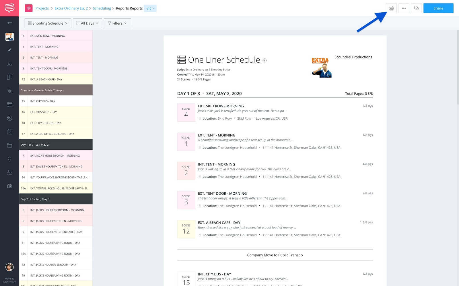 One-liner schedule - Click print on toolbar