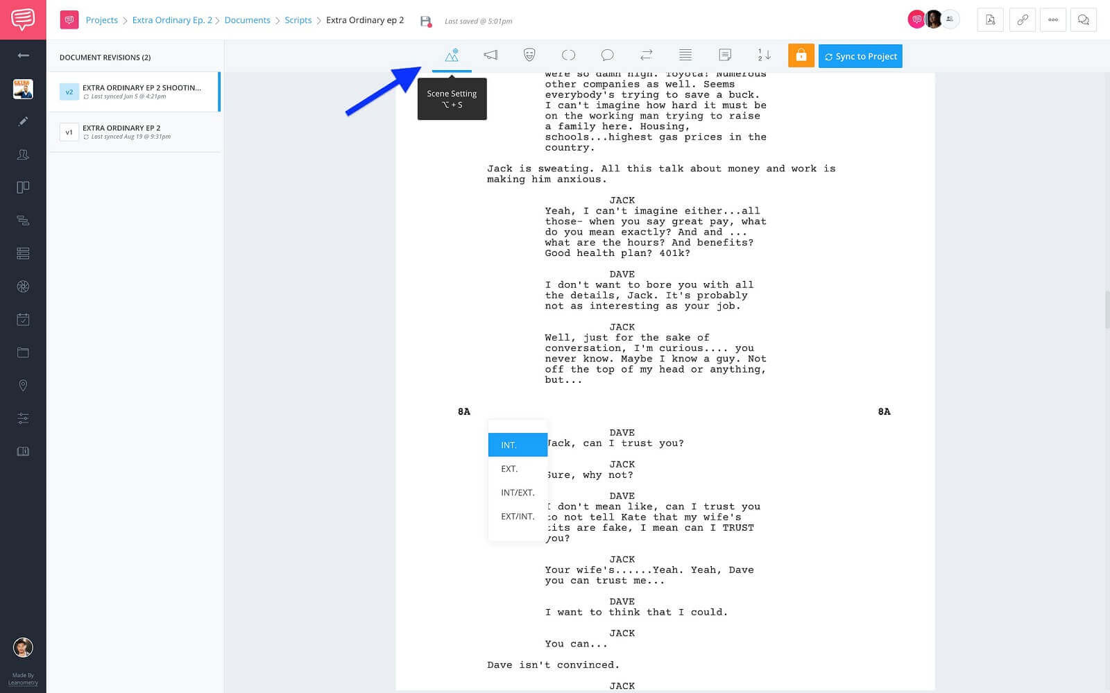 Screenwriting Format Elements Toolbar - Click Scene Heading