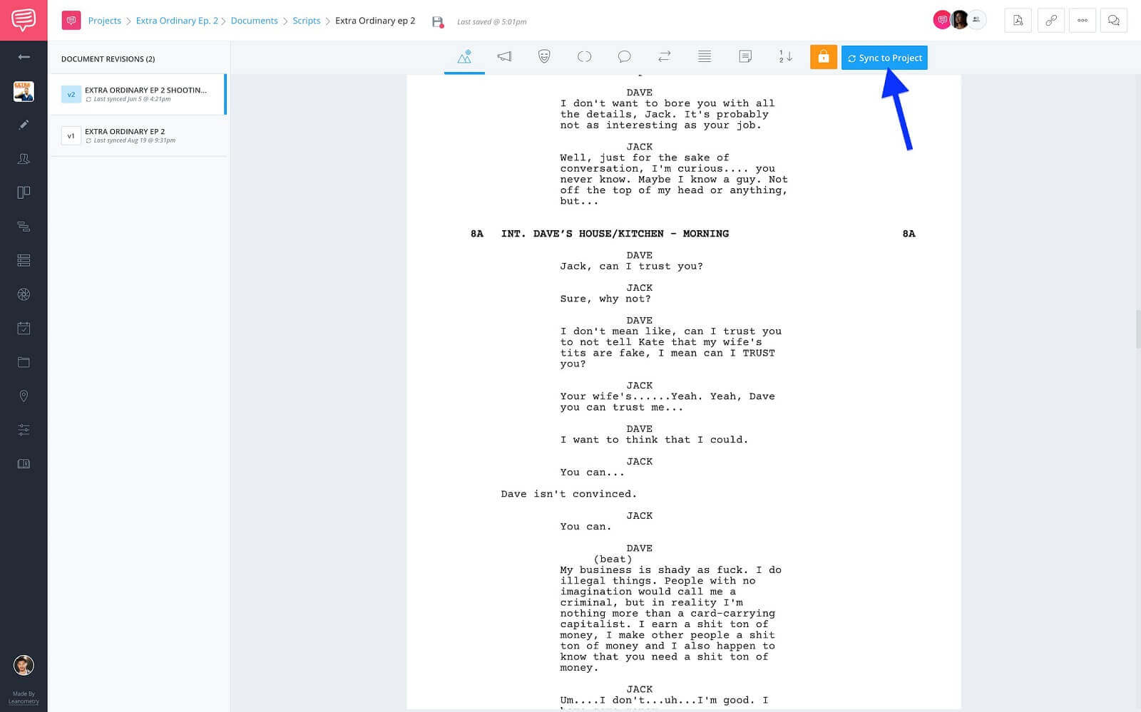 Screenwriting Page - Click Sync To Project