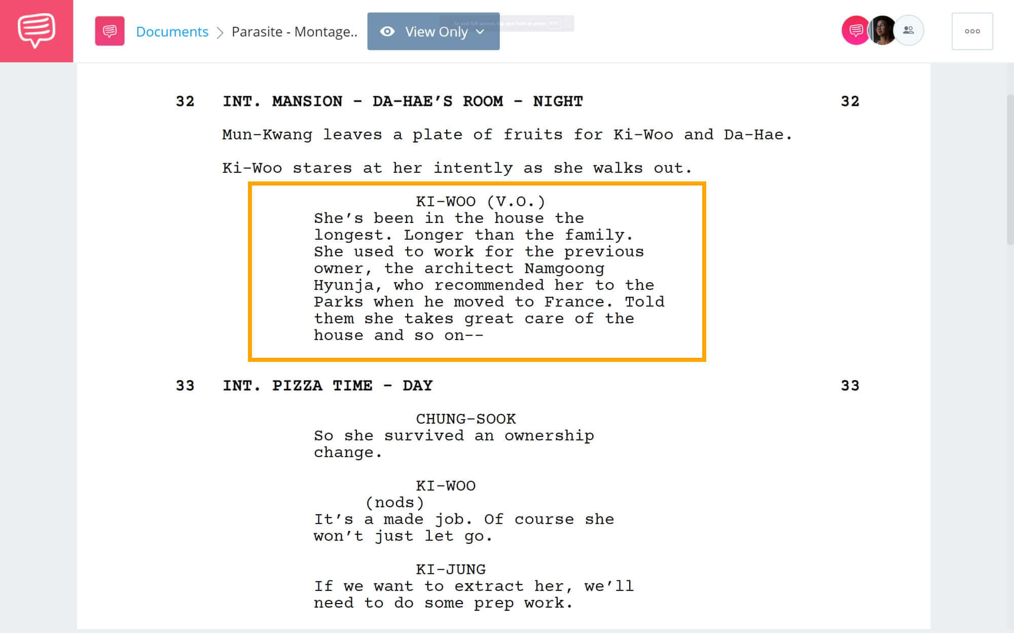 How to Write Voice Over in a Screenplay - Example from Parasite - StudioBinder Screenwriting Software