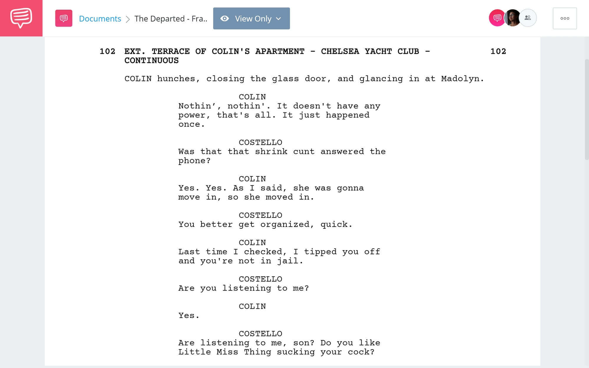 The Departed Script Teardown - Frank Threatens Madolyn Scene - StudioBinder Screenwriting Software