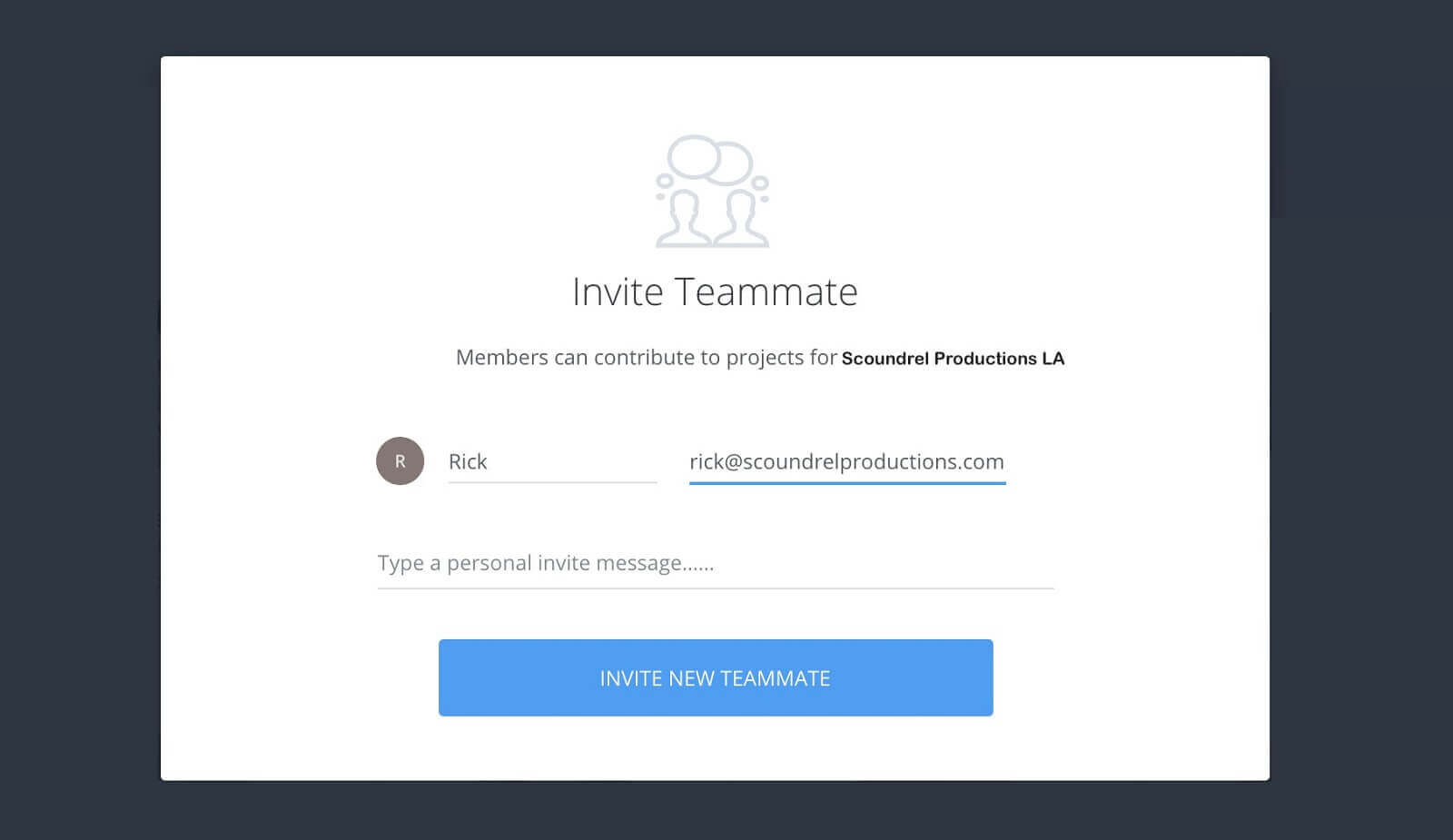 Invite teammate pop-up - Fill in and click invite