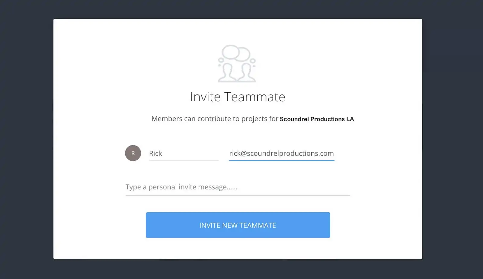 Invite teammate pop-up - Fill in and click invite