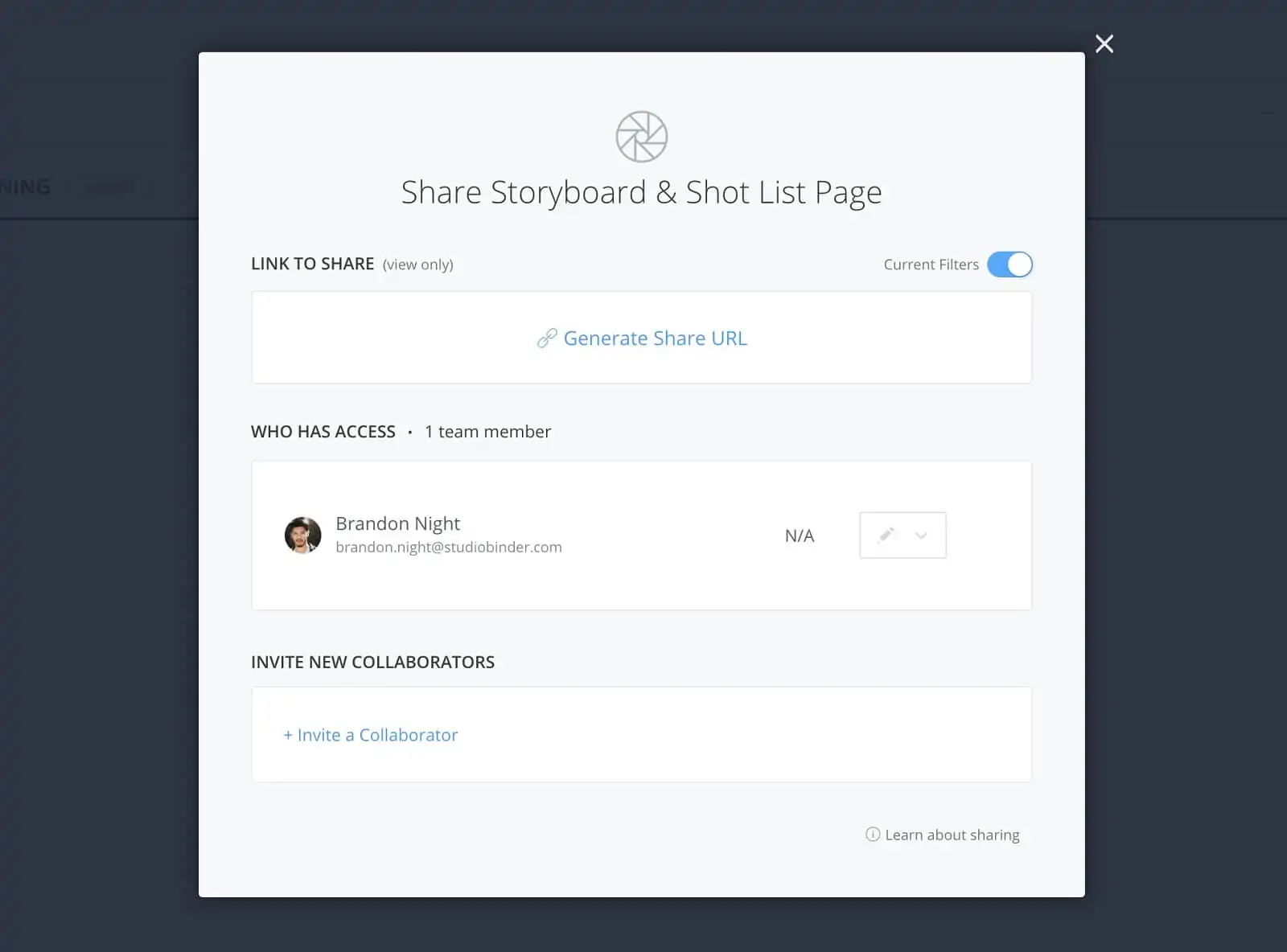 Shot lists & storyboards share page - Click invite collaborator