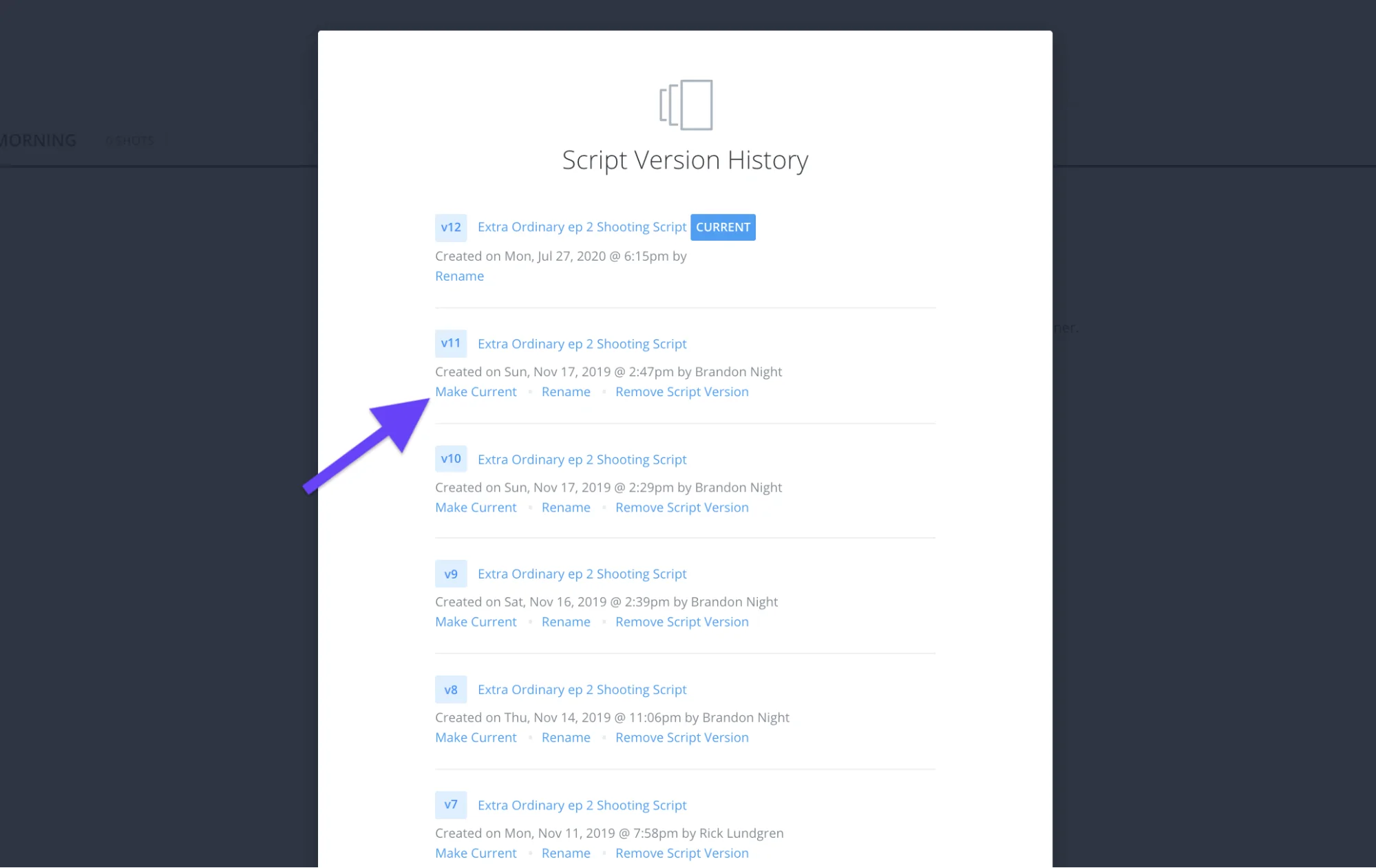 Version history manager - Click make current