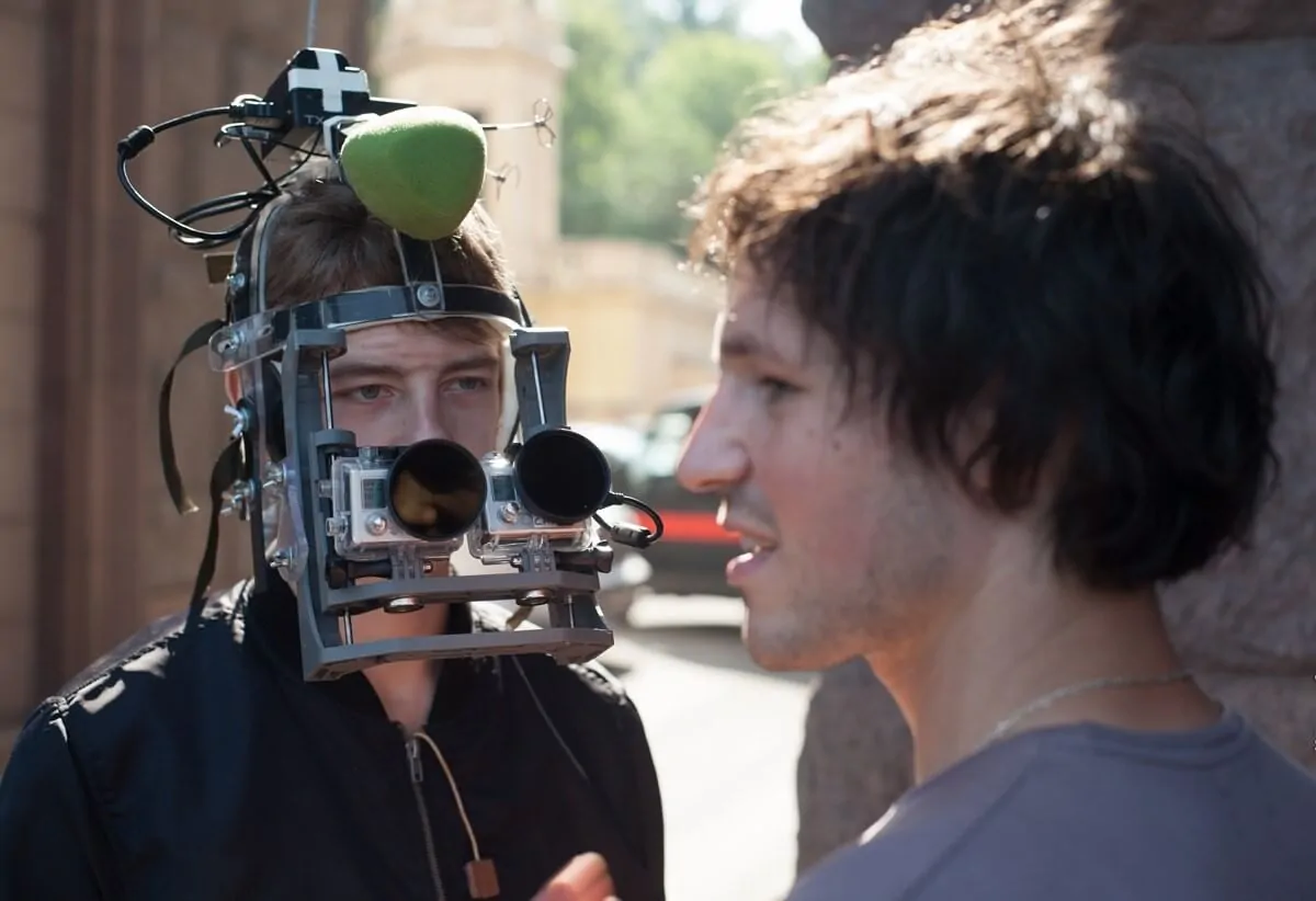 First-person mask rig fitted with two GoPro video cameras
