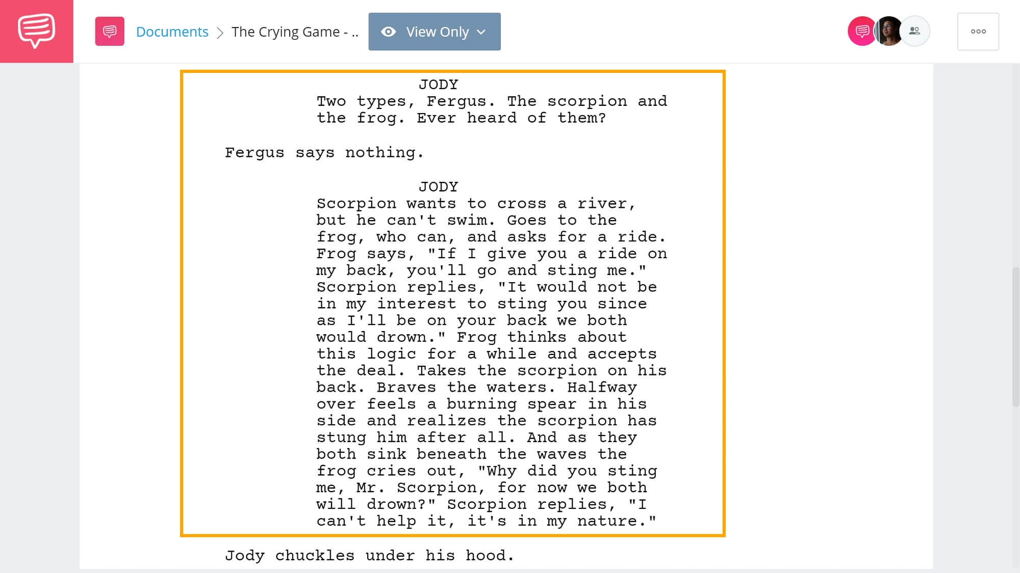Scorpion and the Frog Scene - The Crying Game - StudioBinder Screenwriting Software