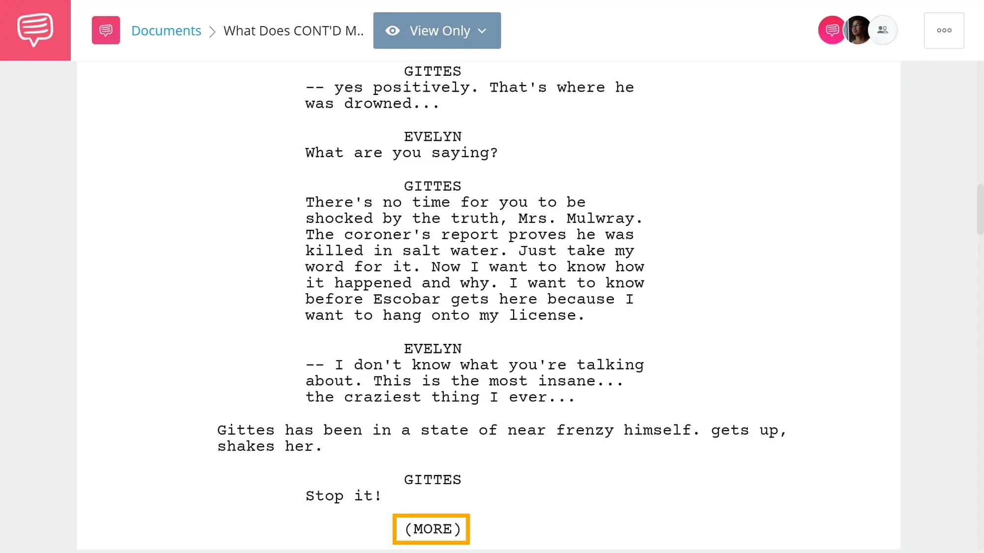 What Does CONT'D Mean in Screenplay - (MORE) Example from Chinatown - StudioBinder Screenwriting Software
