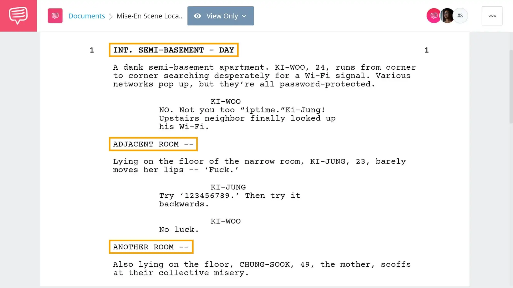 What is Slug Line - Changing Mise-En Scene Example - StudioBinder Screenwriting Software