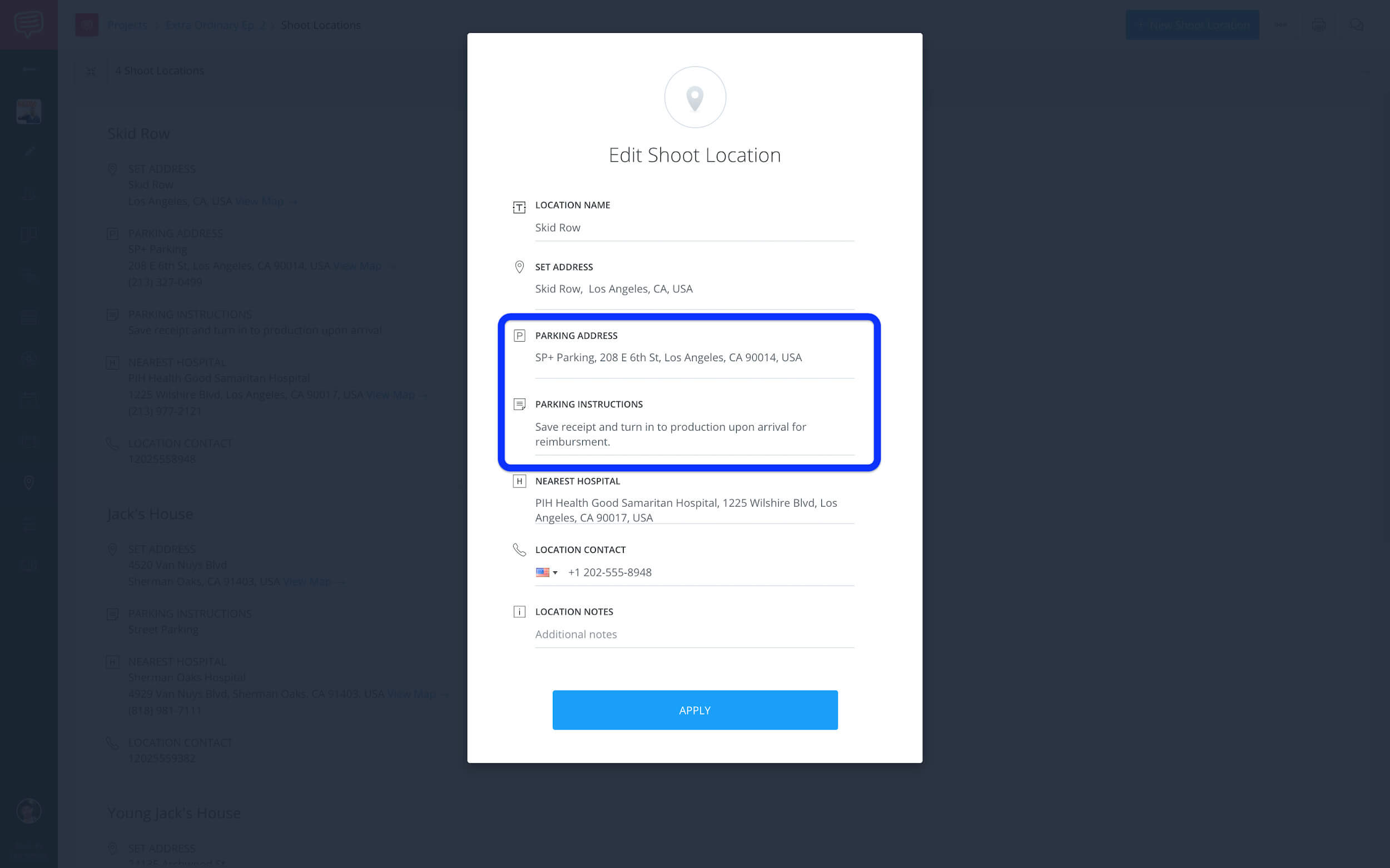 Edit shoot location • Parking address & instructions