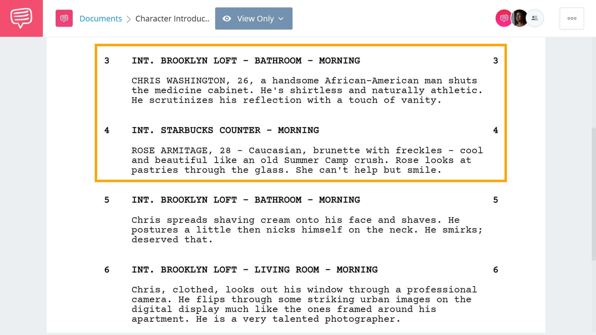 character descriptions screenplay examples