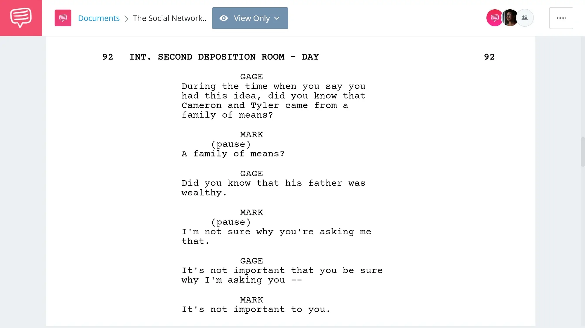 The Social Network Script Breakdown - Deposition Scenes - StudioBinder Screenwriting Software