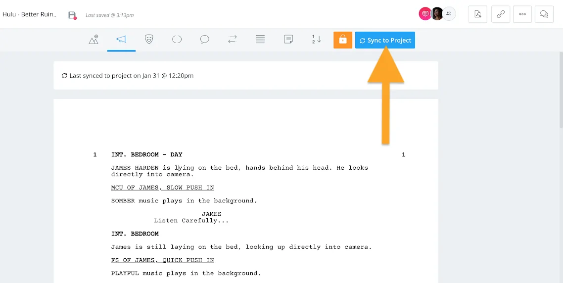 Screenplay document - Sync to project button
