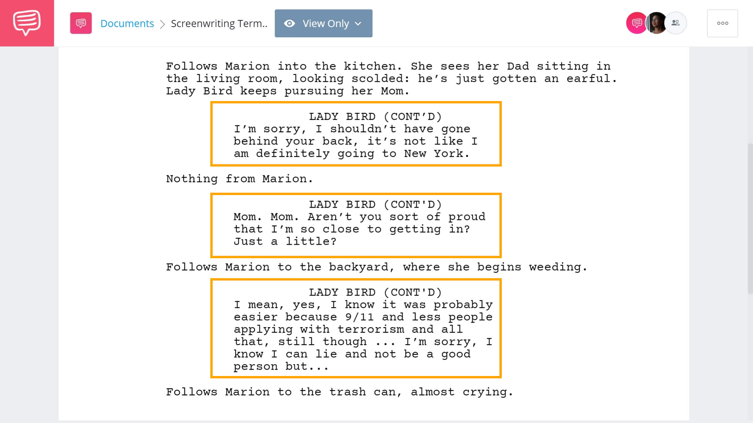 Screenwriting Terms - CONT'D Example - StudioBinder Screenwriting Software