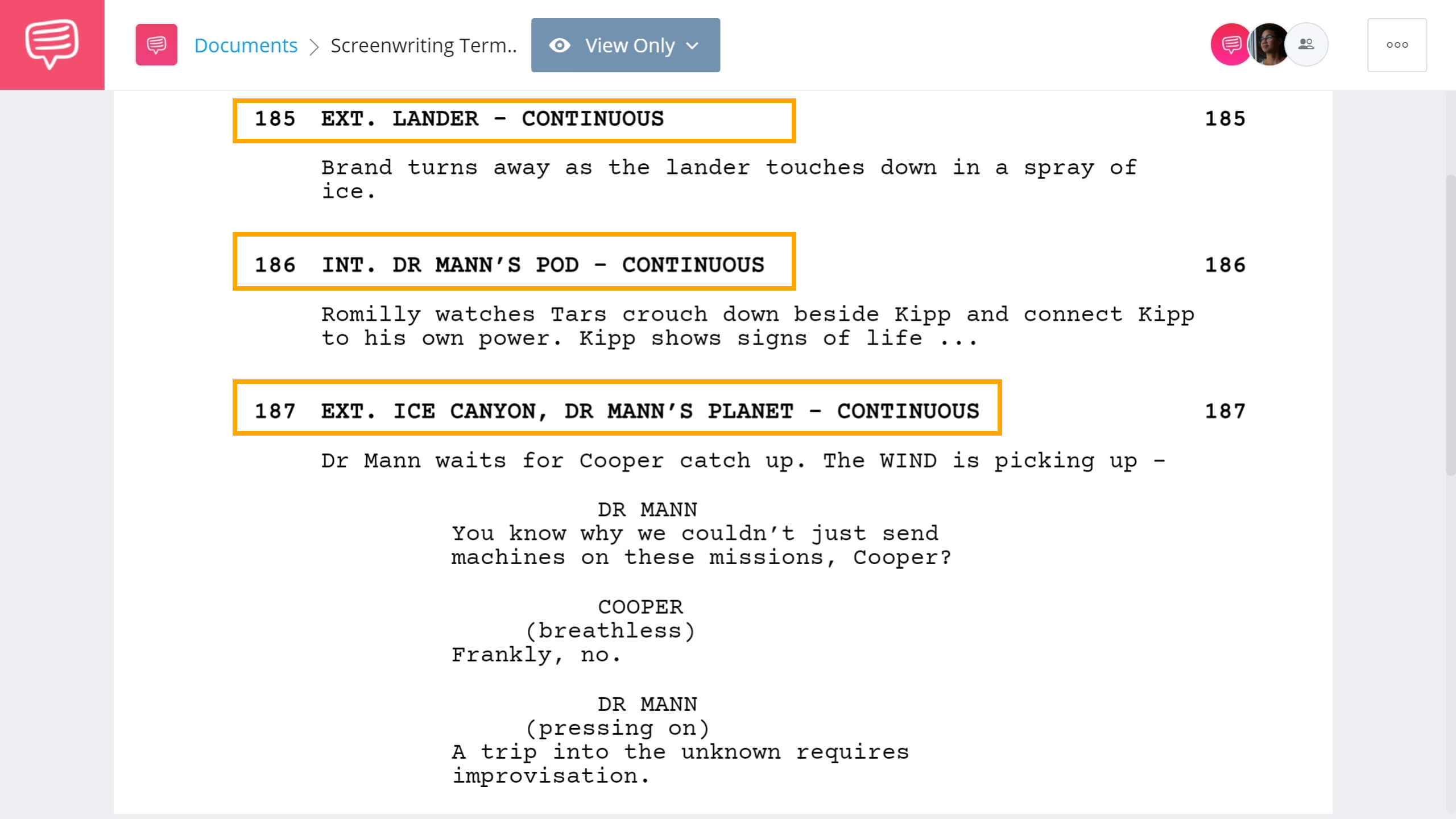 Screenwriting Terms - Continious Scene Example - StudioBinder Screenwriting Software