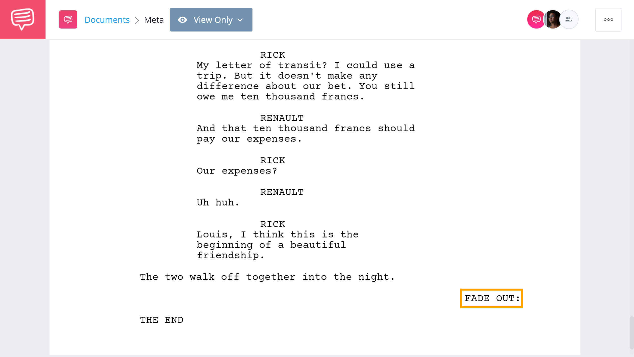 Screenwriting Terms - Fade Out Example - StudioBinder Screenwriting Software