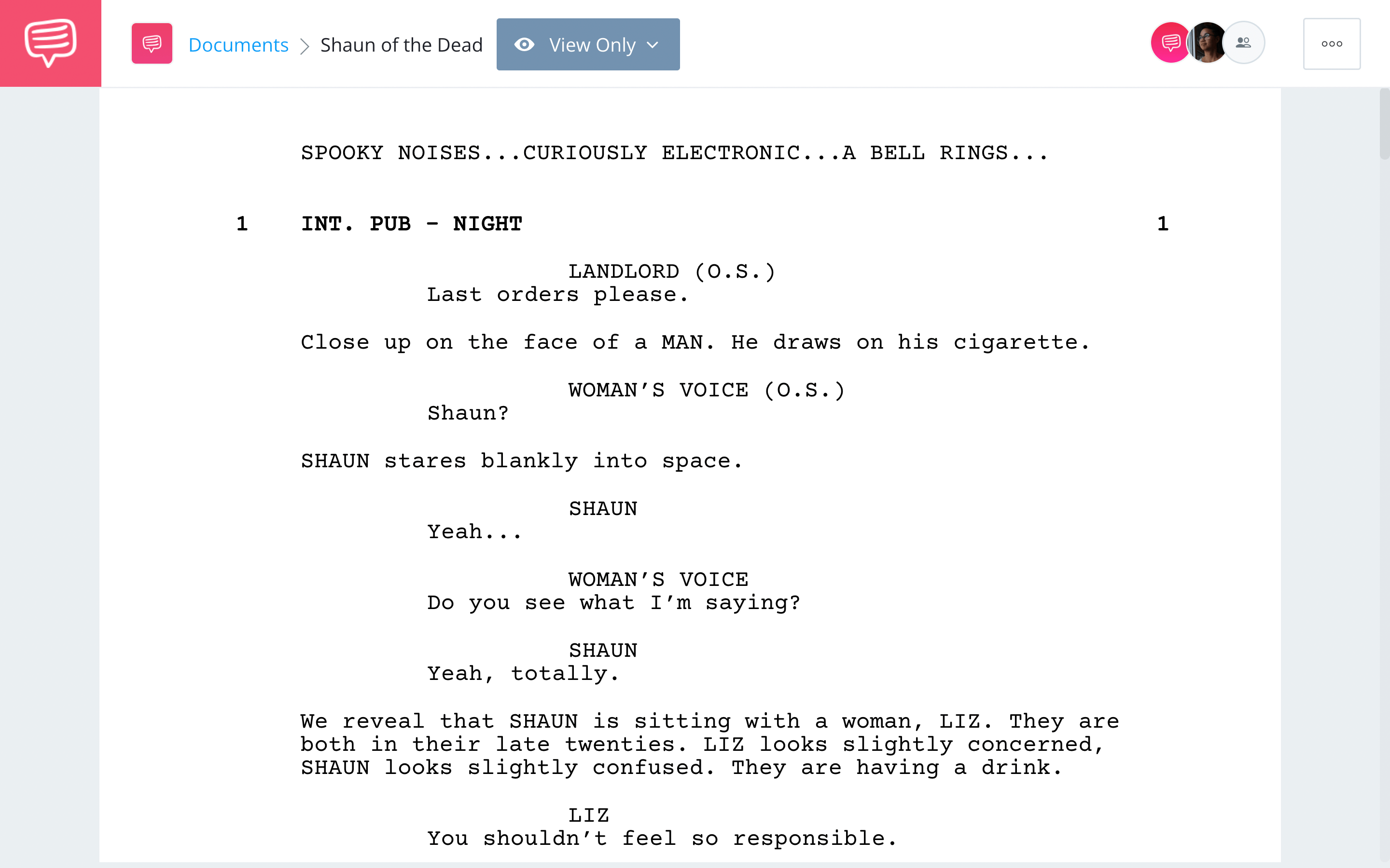 Screenplay Example for formatting Shaun of the Dead Script Example StudioBinder Screenwriting Software