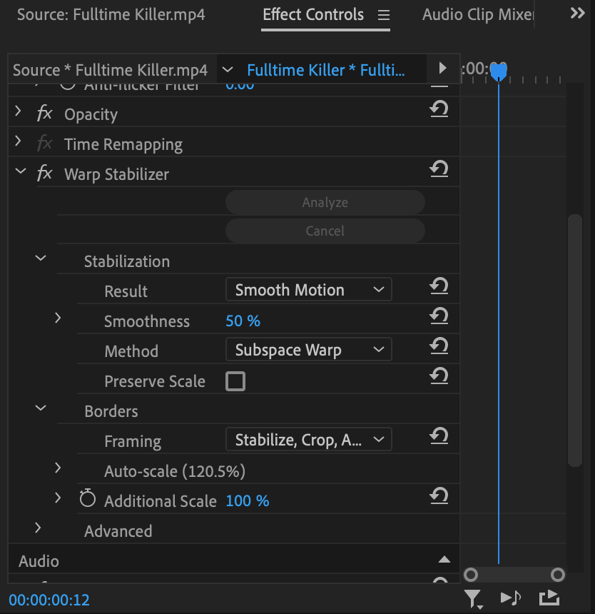 Warp Stabilizer fine tuning options