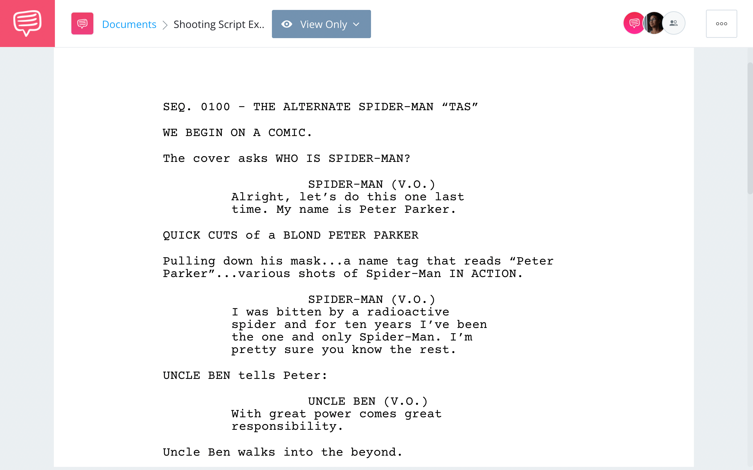 Shooting Script Example Spider Man Example StudioBinder Screenwriting Software