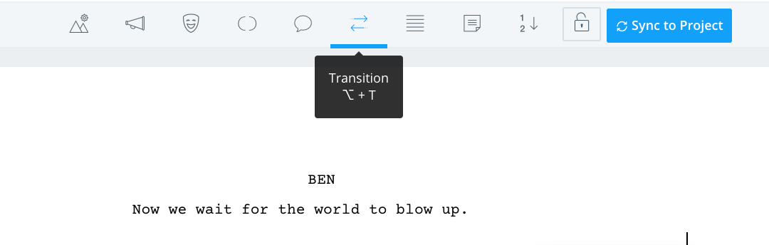 Screenwriting black screen text Click on Transition Button